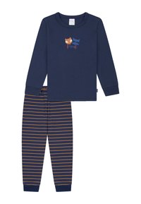 Marineblaues Pyjama-Set mit einem Langarmoberteil, das Cartoon-Fuchs- und Waschbärmuster sowie den Text "Freunde" zeigt; gestreifte Hose in Marineblau und Orange.