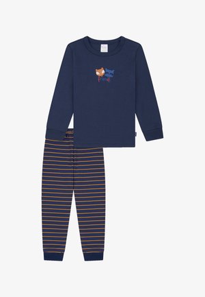 Marine pyjama-set met een langemouwen top met cartoonontwerpen van een vos en een wasbeer en de tekst "vrienden"; gestreepte broek in marineblauw en oranje.