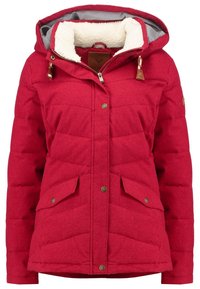 Veste d'hiver matelassée rouge avec capuche, doublure en polaire, boutons-pression à l'avant, fermeture éclair et deux poches à rabat.