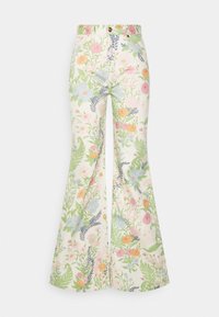 Pantalones acampanados de algodón ligero con un fondo crema y patrones florales coloridos en rosa, azul, verde y naranja.