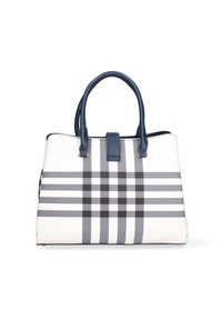 Witte handtas met marineblauwe accenten, met een geruit patroon in grijstinten. Gestructureerde vorm met dubbele handgrepen bovenaan en een sluiting met een klapsluiting.
