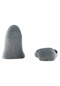 Graue Knöchelsocken mit glatter Textur, runder Zehenpartie und einem kontrastierenden hellblauen Besatz entlang der Öffnung.