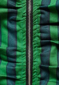 Gros plan sur un tissu rayé vert et noir avec une fermeture éclair en métal argenté courant verticalement au centre, le tissu légèrement froncé de chaque côté.