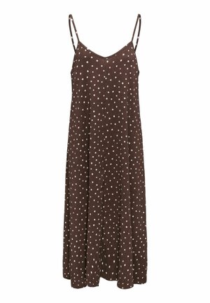 Brun ærmeløs midikjole med hvide uregelmæssige polkaprikker og tynde dobbelte skulderstropper.