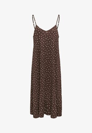 Brun ærmeløs midikjole med hvide uregelmæssige polkaprikker og tynde dobbelte skulderstropper.