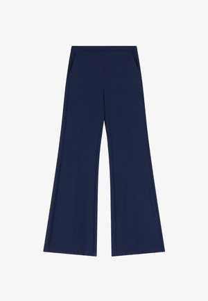 Pantaloni blu navy a gamba larga con tasche laterali e vita aderente, stesi su uno sfondo bianco.