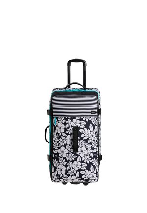 Reistas op wieltjes met een zwart telescopisch handvat, zwart-wit bloemmotief, gestreept voorvak, en draaggrepen aan de zijkant en bovenkant.