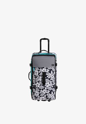 Reisetasche auf Rädern mit schwarzem Teleskopgriff, schwarz-weißem Blumenmuster, gestreifter Vorderseite und seitlichen sowie oberen Tragegriffen.