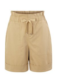 Beiget puuvillahousut, joissa kiristysnyöri vyötäröllä, kaksi etutaskua ja käännetyt lahkeet. Ominaisuuksiin kuuluu sileä pinta ja yksinkertainen muotoilu.