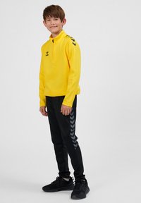 Gul långärmad polotröja med halvdragkedja, svart träningsbyxor med gr�ått chevronmönster. Svarta sportskor kompletterar outfiten.