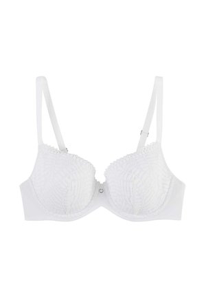Soutien-gorge blanc en dentelle avec armatures, bretelles réglables et motif floral subtil sur les bonnets, petit anneau argenté centré.