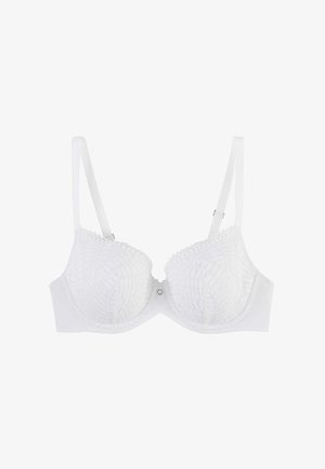 Soutien-gorge blanc en dentelle avec armatures, bretelles réglables et motif floral subtil sur les bonnets, petit anneau argenté centré.