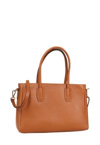 Bruine leren tas met textuur, twee korte handvatten en een afneembare schouderriem; heeft een gestructureerde rechthoekige vorm.