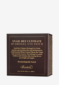 Benton Snail Bee Ultimate Hydrogel Augenpatch-Box, dunkelbraun mit goldener Schrift, gibt 60 Patches an, dermatologisch getestet und hebt die wichtigsten Inhaltsstoffe hervor.