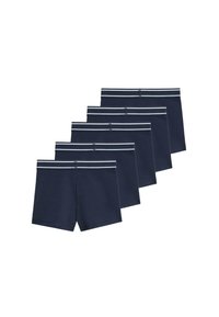 Marineblå bomuldsboxershorts med hvidstribet elastisk talje, med blød tekstur og tætsiddende pasform, præsenteret i en pakke med fem.