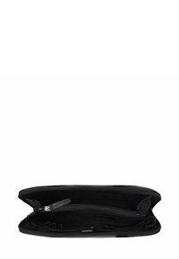 Schwarze gepolsterte Clutch-Tasche mit zwei Fächern und einem Reißverschluss. Glatte Außentextur und weiches, gefüttertes Innenleben.