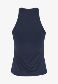 Top senza maniche di un blu navy con una texture liscia, scollatura tonda e design aderente. Nessun logo o motivo visibile.
