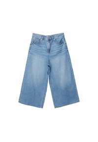 Světle modré denimové kalhoty culotte s širokými nohavicemi, předním zapínáním na knoflík a zip a designem s pěti kapsami na bílém pozadí.