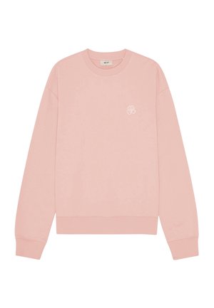 Felpa rosa chiaro a manica lunga con scollo a girocollo, polsini e orlo a coste, con piccolo disegno di trifoglio bianco sul petto sinistro.