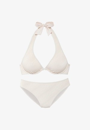 Licht beige bikini set met een halterneck top met een strikdetail, textuurpatronen en bijpassende low-rise bikini onderbroeken.