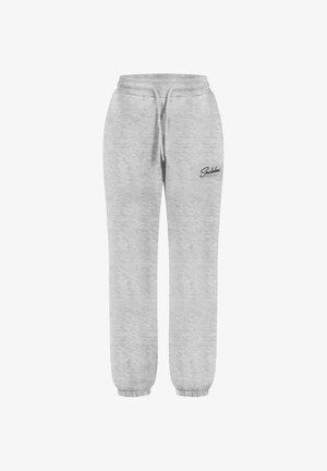 Pantalones de chándal gris claro fabricados en una suave mezcla de algodón, con una cinturilla elástica con cordón, tobillos ajustados y un pequeño detalle del logo.