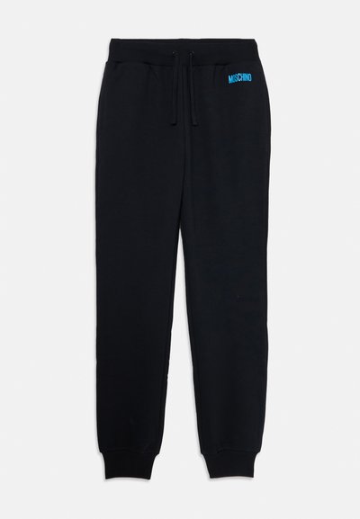 Zwarte sweatpants van katoen, met een elastische tailleband, mouwen en een blauw "MOSCHINO" logo op de linker dij.