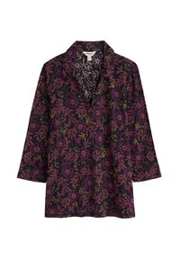 SchwarzBluse mit einem floralen Muster in Lila, Grün und Gelb. Mit Kragen und langen Ärmeln, im entspannten Schnitt.