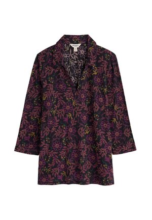 Blusa nera con un motivo floreale in viola, verde e giallo. Presenta un colletto e maniche lunghe con una vestibilità comoda.