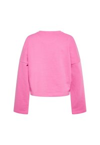 Felpa corta rosa con maniche lunghe, realizzata in tessuto morbido. Scollo rotondo semplice e senza ulteriori motivi o ornamentazioni.