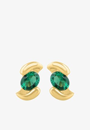 Pendientes de tono dorado con piedras preciosas verdes de corte ovalado, rodeadas de acentos metálicos lisos y curvados. Acabado pulido con superficies reflectantes.