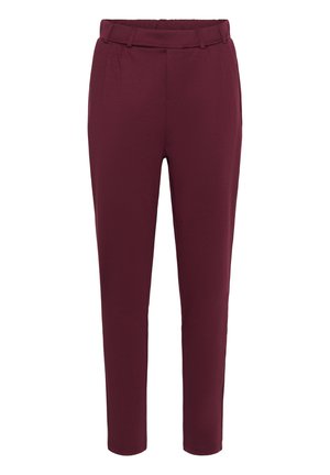 Pantaloni borgogna realizzati in tessuto liscio con vita aderente, design gamba dritta, pieghe frontali e senza tasche visibili.
