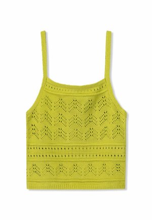 Lime green knitted crop top with thin straps. Features a textured, open weave pattern and solid trim along the neckline and hem.