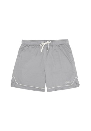 Pelēkie tīklu peldbikses ar auklas vidukli, baltajiem akcentiem un slīpām sānu atverēm. Iekļauj logo apakšējā labajā stūrī.