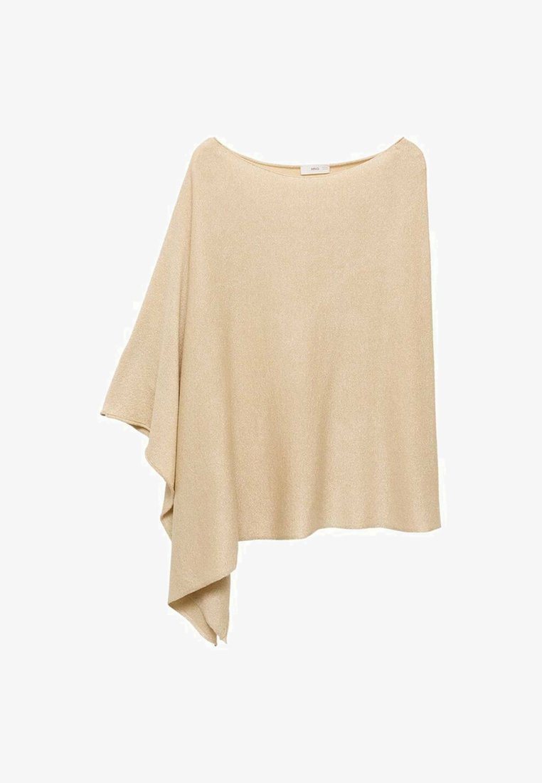 Poncho bej dintr-un tricot moale, texturat, cu un design supradimensionat și asimetric. Prezintă un decolteu larg și se drapează lejer. Fără închideri.