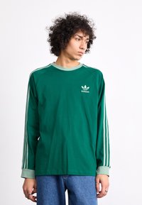 Ilga žalia marškinėlių su ilgomis rankovėmis su šviesiai žaliai akcentais, su mažu baltu Adidas logotipu ant krūtinės ir trimis baltais dryžiais ant rankovių.