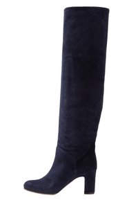 Stivale blu camoscio sopra il ginocchio con punta affusolata e tacco a blocco. Presenta una texture liscia e un design della gamba aderente per una silhouette slanciata.