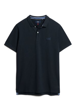 Polo shirt blu navy in cotone con abbottonatura a due bottoni, maniche corte e logo ricamato sul petto. Dettagli a righe sul colletto.