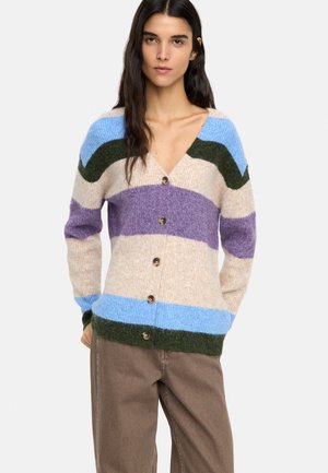 Kobieta ubrana w rozpinany sweter z szerokimi poziomymi paskami w kolorach niebieskim, zielonym, beżowym i fioletowym, w parze z brązowymi spodniami.