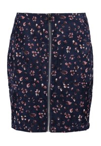 Mörkblå kordkjol med rosa blommönster och framtida silverdragkedjestängning.