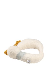 White plush duck-shaped neck pillow with a yellow beak, decorated with a light blue polka-dot scarf. Soft texture, circular design.