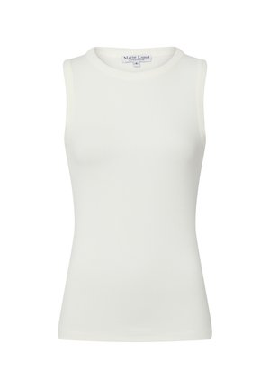 Weißes, geripptes ärmelloses Oberteil mit Rundhalsausschnitt. Hergestellt aus einem weichen Stoff, mit figurbetonter Silhouette und sauberem Saumabschluss. Markenlabel innen.