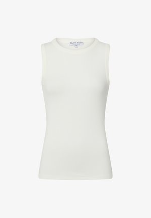 White ribbed sleeveless top with a round neck. Made from a soft textile, featuring a fitted silhouette and clean hem finish. Brand label inside.