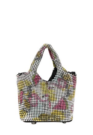 Kabelka z mnoha barevných rhinestones v květinovém vzoru, vybavená dvěma horními uchy a měkkým, strukturovaným designem s černým interiérem.