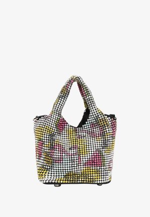 Virágmintás, színes strasszkövekből készült táska, két felső fogantyúval és puha, strukturált kialakítással, fekete belső résszel.