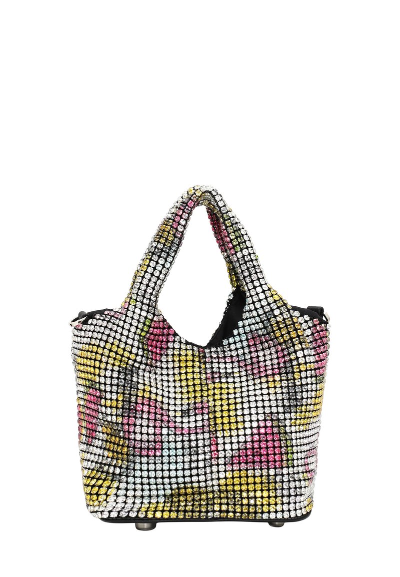 Tas gemaakt van veelkleurige rhinestones in een bloemmotief, voorzien van twee bovenhandvatten en een zachte, gestructureerde vorm met een zwarte binnenkant.