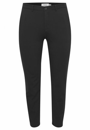Black trousers with a slim fit, made from stretch fabric, featuring a button closure, belt loops, and front pockets. Smooth texture.