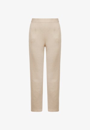 Beige Hose mit hoher Taille, elastischem Bund und vorderen aufgesetzten Taschen, gerade geschnittene Beine und abgesteppten Säumen.