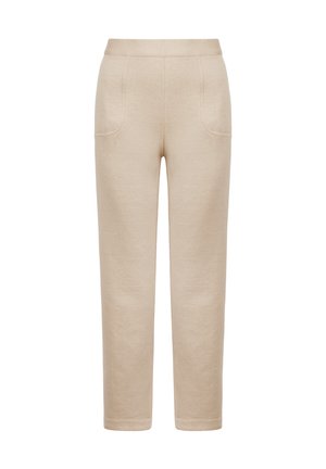 Beige bukser med høj talje med elastisk linning og forlommer, med lige ben og syede kanter.