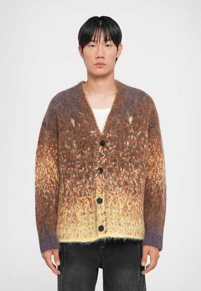 Cardigan en laine multicolore présentant un dégradé allant du marron au jaune, une finition texturée, cinq boutons noirs, et des poignets côtelés avec un accent violet.