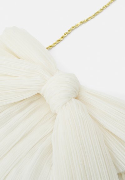 White pleated fabric bag with a knot detail at the center and a braided gold chain strap. Smooth texture, soft sheen, elegant shape.